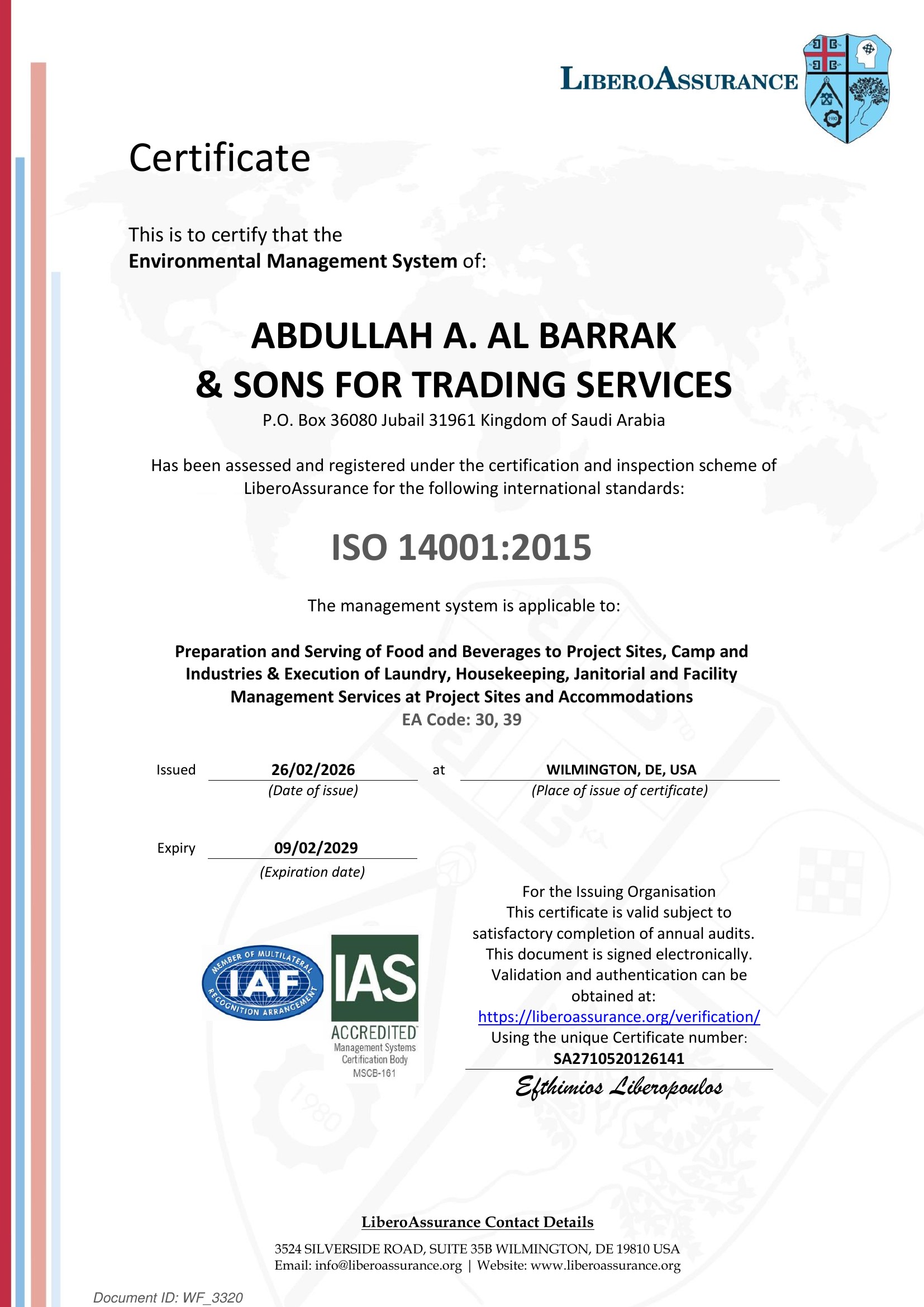 ISO 14001:2015 certificate