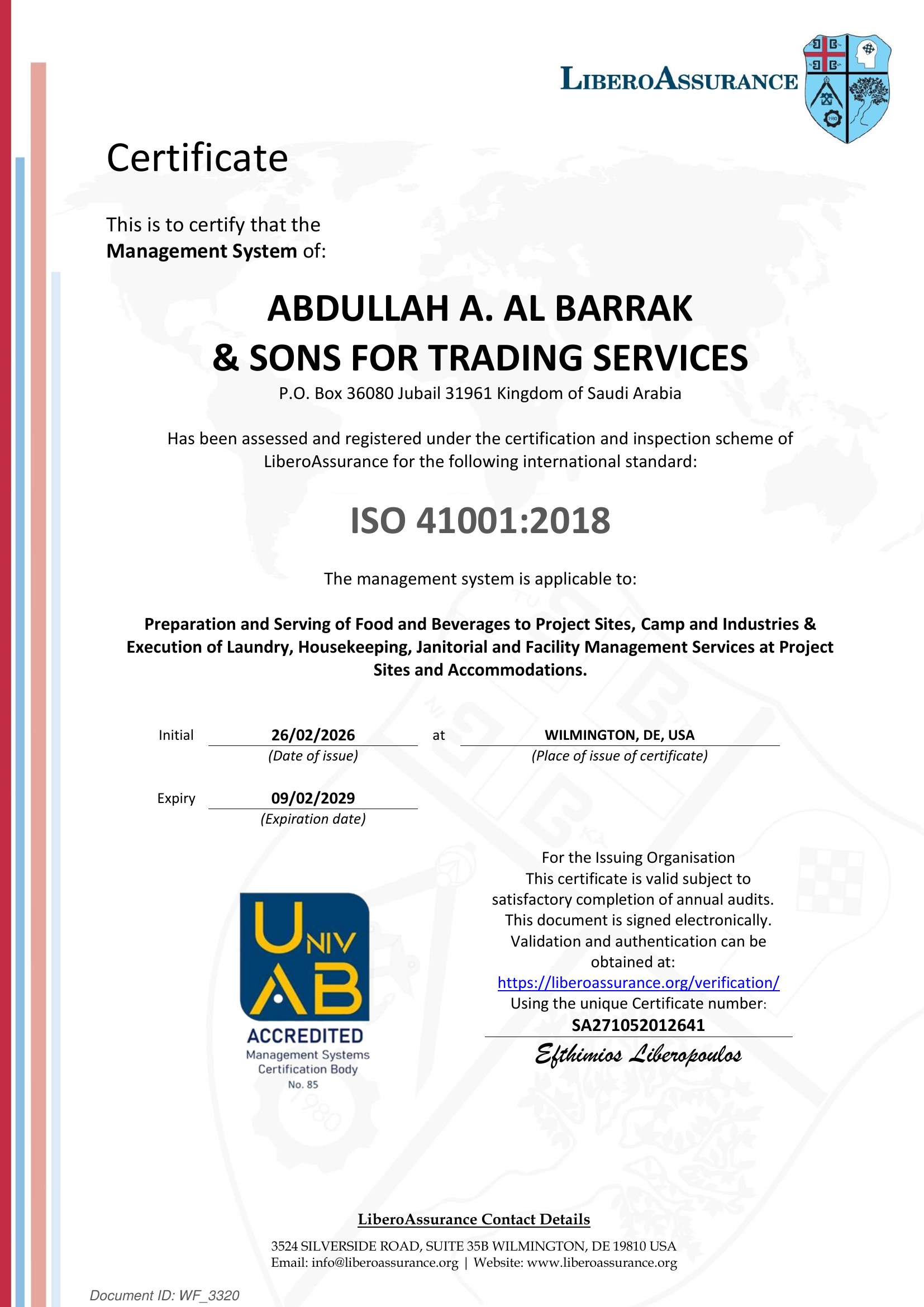 ISO 41001:2018 certificate