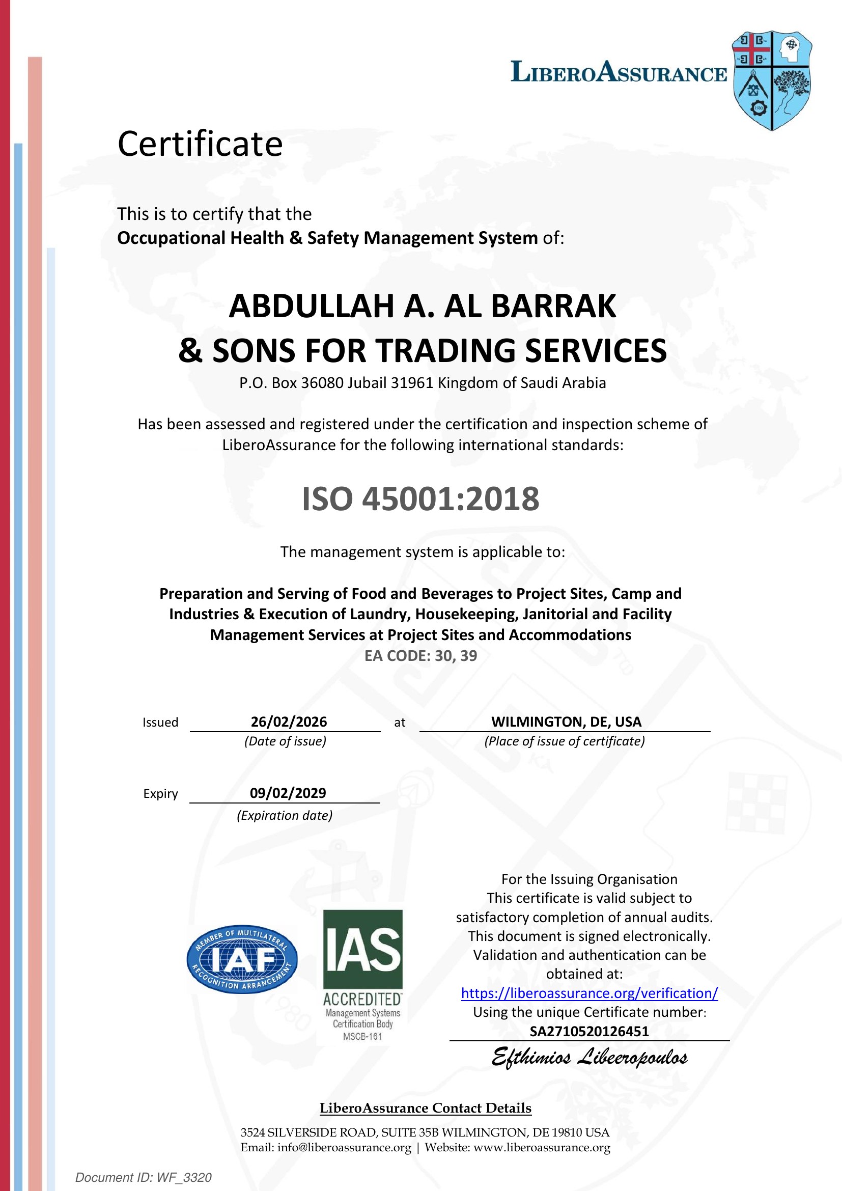 ISO 45001:2018 certificate